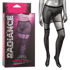 CalExotics Radiance plus-size rhinestone mesh garter skirt with thigh highs, front view