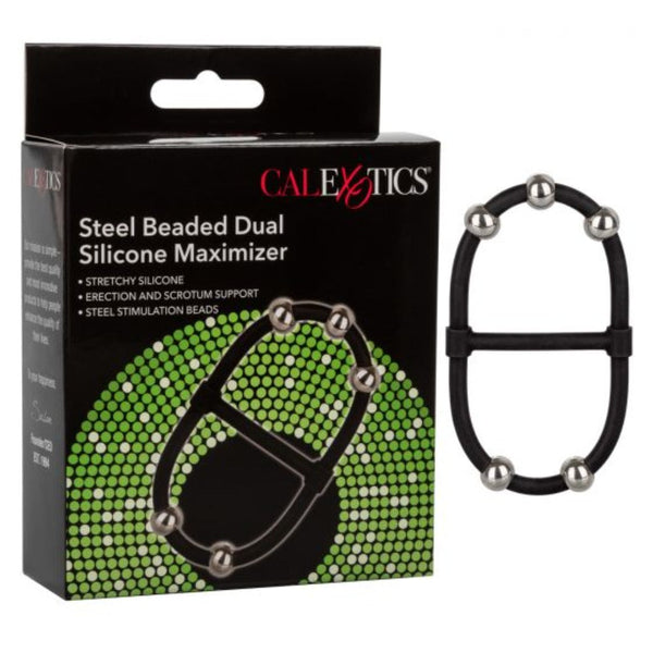 CalExotics Steel Beaded Dual Silicone Maximizer beside its black product box