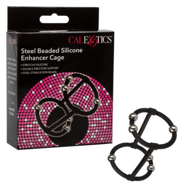 CalExotics Steel Beaded Silicone Enhancer Cage beside retail box, black stretchy silicone