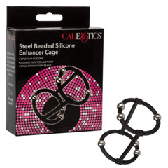 CalExotics Steel Beaded Silicone Enhancer Cage beside retail box, black stretchy silicone