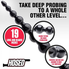 Close-up callouts highlighting beaded texture and suction base on 19-inch black beaded hose