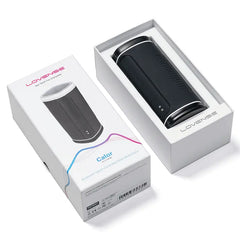 Calor masturbator beside its white branded box showing product name and Bluetooth label