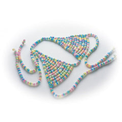 Candy Bra laid flat displaying multicolored pastel candy rings strung into two cup shapes