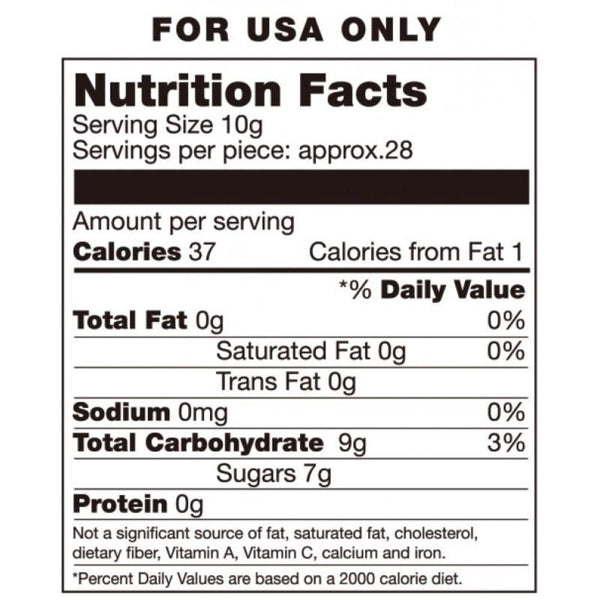 Candy Bra USA nutrition facts label showing 37 calories per 10g serving with zero fat