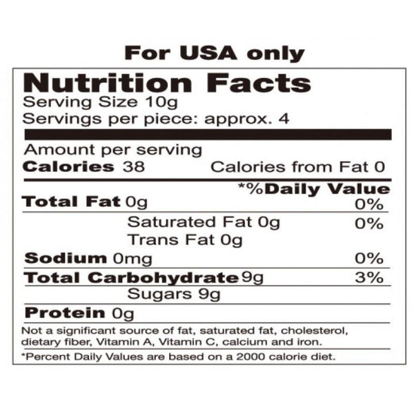 Candy Cuffs USA nutrition facts label: 38 calories per serving, 9g sugar, 0g fat per 10g