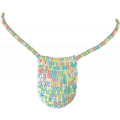 Candy Posing Pouch laid flat, rows of colourful pastel candy discs on elastic string