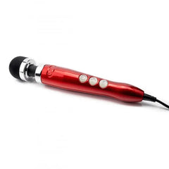 Close-up of candy red Die Cast 3 wand showing chrome neck, soft black head, and three speed buttons