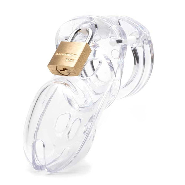 CB-3000 Cock Cage Kit in clear polycarbonate with brass Master Lock padlock attached