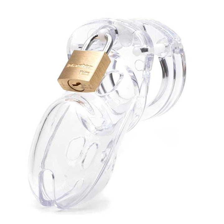 CB-3000 Cock Cage Kit in clear polycarbonate with brass Master Lock padlock attached