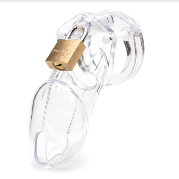 CB-6000 clear polycarbonate cock cage with brass Master Lock padlock, front view