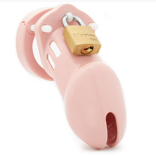 CB-6000 pink cock cage with brass Master padlock, smooth polycarbonate shell, front view