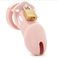 CB-6000 pink cock cage with brass Master padlock, smooth polycarbonate shell, front view