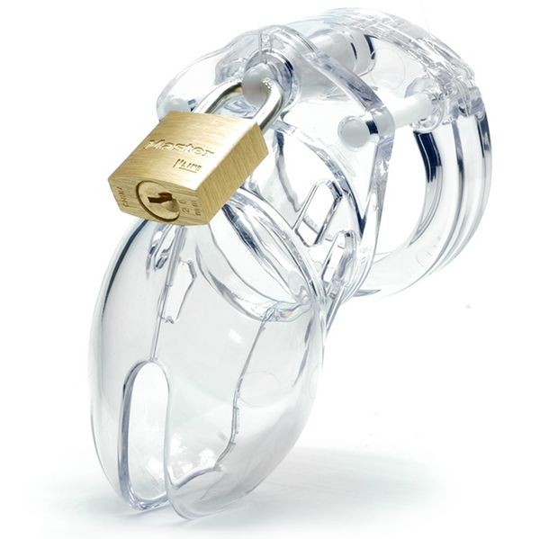 CB-6000S clear polycarbonate cock cage with brass Master padlock, front view
