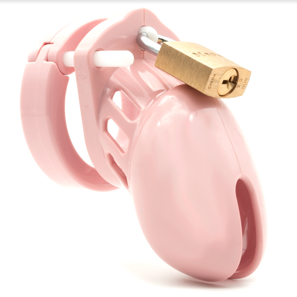 CB-6000S pink polycarbonate cock cage with brass padlock, front view