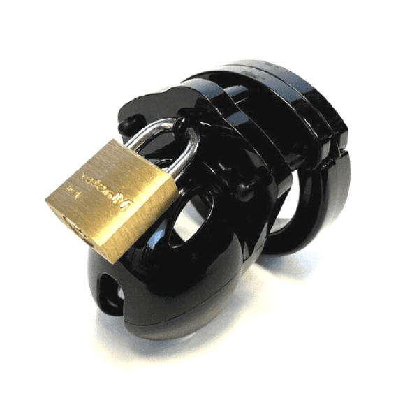 CB-X Mini-Me Cock Cage in gloss black ABS plastic with brass Master padlock secured
