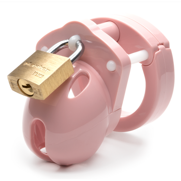 CB-X Mini-Me Cock Cage Kit in pink ABS plastic with brass padlock secured at front