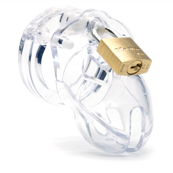 CB-X Mr. Stubb Cock Cage Kit in clear polycarbonate with brass padlock secured at front