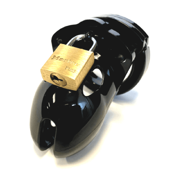 CB-X Mr. Stubb Cock Cage Kit in glossy black polycarbonate with brass Master padlock secured
