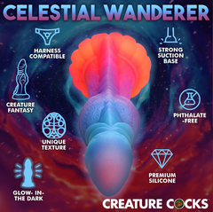 Celestial Wanderer feature callout graphic highlighting suction base, harness compatibility, and silicone material