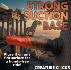 Centaur Silicone Dildo mounted via strong suction base on a flat surface for hands-free use
