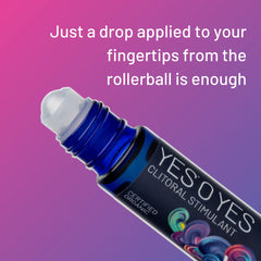 Close-up of certified organic clitoral stimulant rollerball tip, usage instruction overlay
