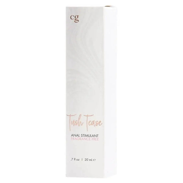 CG Tush Tease Anal Stimulant in sleek white fragrance-free 20ml box with rose gold text