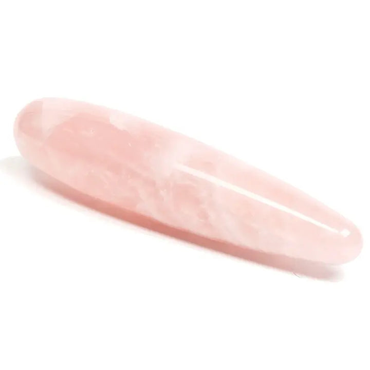 Chakrubs Heart Original Wand in polished rose quartz, tapered dildo shape, white background