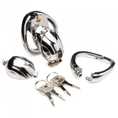 Chastity cage set laid flat with solid cap, urination cap, base ring, and three keys included