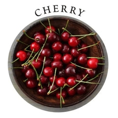 Cherry flavor label showing fresh red cherries in a wooden bowl for the edible massage candle