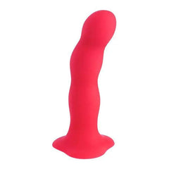 Cherry red Bouncer dildo in smooth body-safe silicone with curved tip and suction base