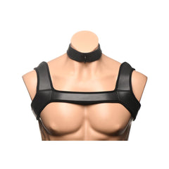 Close-up of chest harness and collar from Full Pup Arsenal Set on mannequin torso showing fit