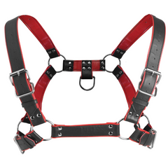 Chest harness portion laid flat revealing red-lined interior and multiple silver O-rings and buckles