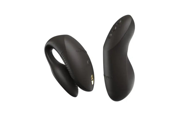 Chorus Pro wearable vibrator and squeeze remote displayed together, showing full set in Satin Black