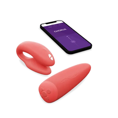 Chorus vibrator and remote beside a smartphone displaying the We-Vibe app interface