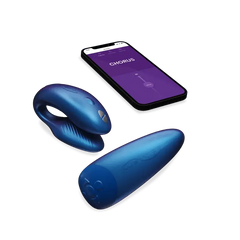 Chorus vibrator, remote, and We-Connect app displayed together showing wireless app control