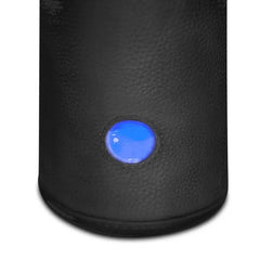 Close-up of the circular button on the UV Sterilizer Pouch glowing blue during active sterilization cycle