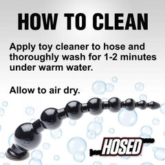 Cleaning instructions for beaded hose: warm water wash with toy cleaner, then air dry