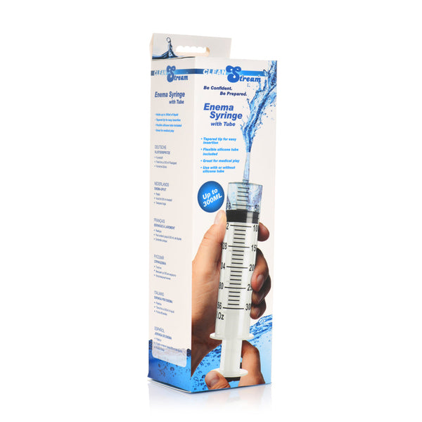 CleanStream Enema Syringe with Tube in retail packaging showing up to 300ml capacity label