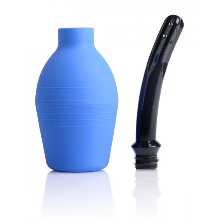 CleanStream Premium Enema Bulb with curved black nozzle beside blue ribbed silicone squeeze bulb