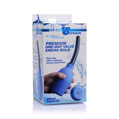 CleanStream Premium One-Way Valve Enema Bulb retail box showing 300ml capacity and back-flow valve