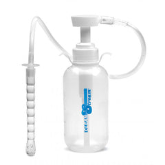 CleanStream pump action enema bottle with beaded nozzle and clear tubing on white background
