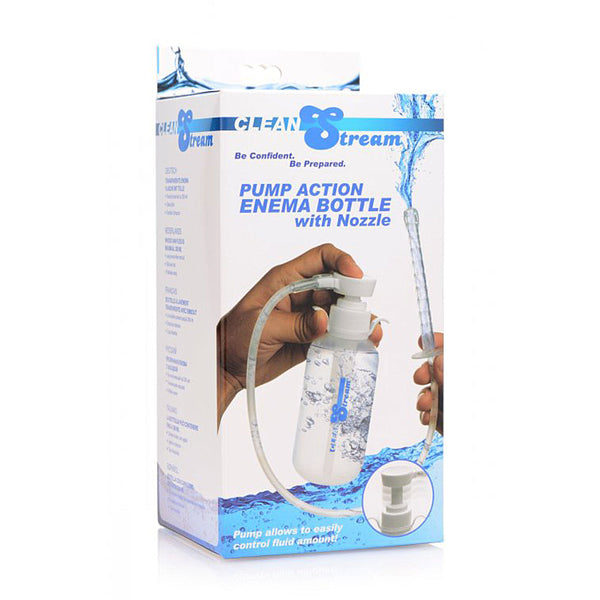 CleanStream Pump Action Enema Bottle with Nozzle shown in retail packaging, side view