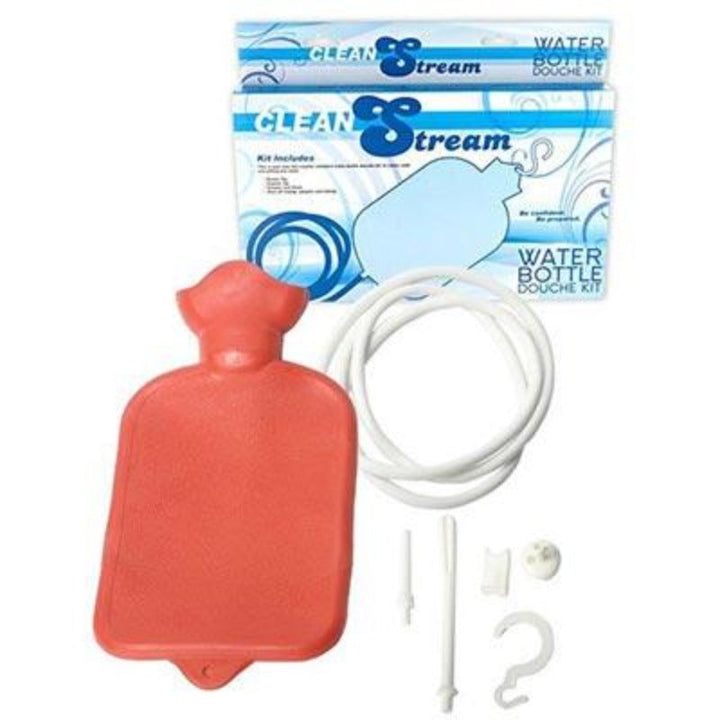 CleanStream Water Bottle Douche Kit with red rubber bag, tubing, nozzles, and hook displayed with box