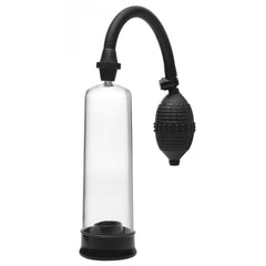 Clear acrylic cylinder pump with flexible black hose and textured squeeze bulb, out of box