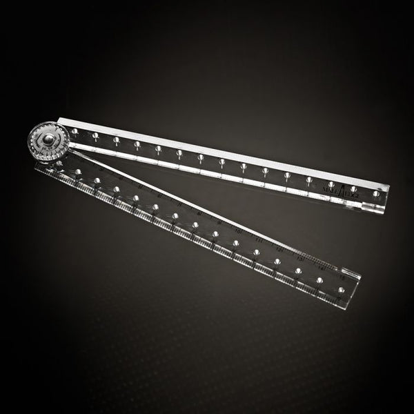 Clear acrylic hinged measurement ruler included with Male Edge Basic kit, shown fully open
