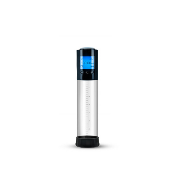 Clear cylindrical smart pump with measurement scale markings and illuminated LCD screen