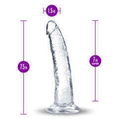 Clear dildo with dimension labels: 7.5in total length, 7in insertable, 1.5in width