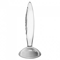 Clear glass dildo standing upright on rounded base, showing tapered pointed tip and slim profile