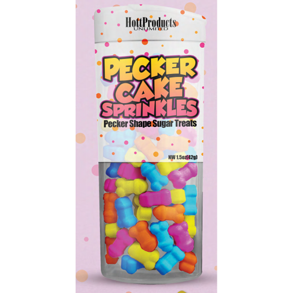 Clear jar of Pecker Cake Sprinkles filled with multicolored pecker-shaped sugar candy pieces