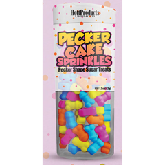 Clear jar of Pecker Cake Sprinkles filled with multicolored pecker-shaped sugar candy pieces